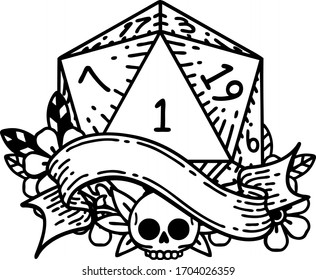 Black and White Tattoo linework Style natural one d20 dice roll