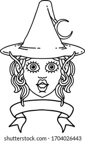 Black and White Tattoo linework Style elf mage character face with banner