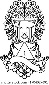 Black and White Tattoo linework Style sad elf barbarian character face with natural one D20 roll