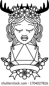 Black and White Tattoo linework Style orc druid character with natural twenty dice roll