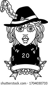 Black and White Tattoo linework Style human bard character with natural 20 dice roll