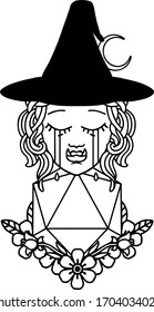 Black and White Tattoo linework Style crying half orc witch with natural one D20 dice roll