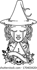 Black and White Tattoo linework Style crying elf mage character face with natural one D20 roll