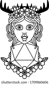 Black and White Tattoo linework Style human druid with natural twenty dice roll