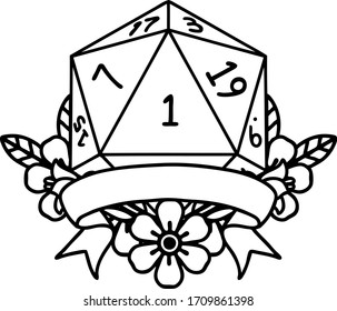 Black and White Tattoo linework Style natural one d20 dice roll