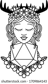 Black and White Tattoo linework Style human druid with natural twenty dice roll