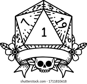 Black and White Tattoo linework Style natural one d20 dice roll