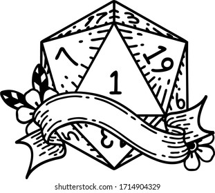 Black and White Tattoo linework Style natural one d20 dice roll