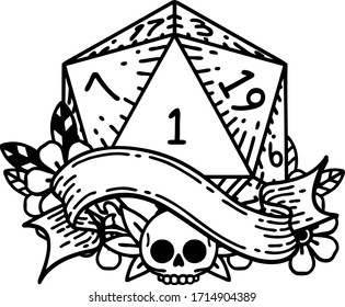 Black and White Tattoo linework Style natural one d20 dice roll