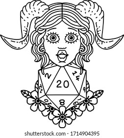 Black and White Tattoo linework Style tiefling with natural twenty dice roll