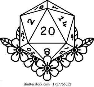 Black and White Tattoo linework Style natural 20 D20 dice roll with floral elements