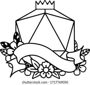 Línea de tatuajes en blanco y negro Estilo natural de 20 dados D20 rollo