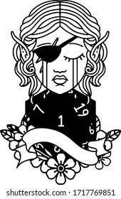 Black and White Tattoo linework Style crying elf rogue character face with natural one D20 roll