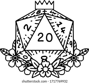 Black and White Tattoo linework Style natural 20 D20 dice roll with floral elements