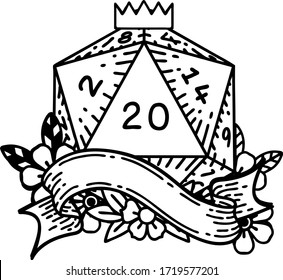 Black and White Tattoo linework Style natural twenty D20 dice roll