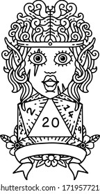Black and White Tattoo linework Style elf barbarian character with natural twenty dice roll