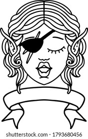 Black and White Tattoo linework Style elf rogue character face with banner