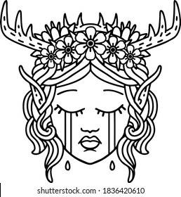 Black and White Tattoo linework Style crying elf druid character face