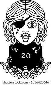 Black and White Tattoo linework Style half orc rogue with natural 20 dice roll