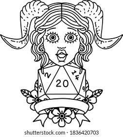 Black and White Tattoo linework Style tiefling with natural twenty dice roll