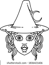 Black and White Tattoo linework Style elf mage character face