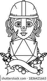Black and White Tattoo linework Style human fighter with natural twenty dice roll