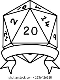 Black and White Tattoo linework Style natural 20 critical hit D20 dice roll