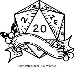 Schwarz-Weiß-Tattoo-Linie Stil natürliche zwanzig D20 Würfel Rolle
