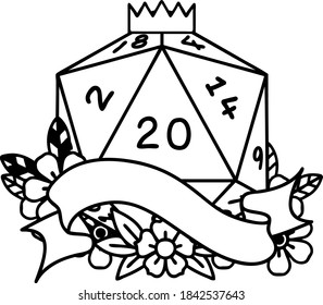 Black and White Tattoo linework Style natural twenty D20 dice roll