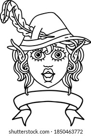 Black and White Tattoo linework Style elf bard character face with banner