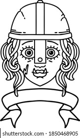 Black and White Tattoo linework Style orc fighter character face with banner