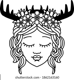 Black and White Tattoo linework Estilo rosto de personagem druida humano