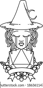 Black and White Tattoo linework Style crying elf mage character with natural one dice roll