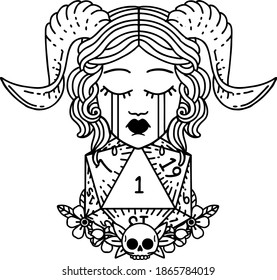 Black and White Tattoo linework Style crying tiefling with natural one D20 dice roll