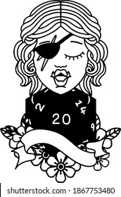 Black and White Tattoo linework Style half orc rogue with natural twenty dice roll