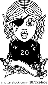 Black and White Tattoo linework Style elf rogue with natural twenty dice roll