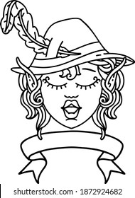 Black and White Tattoo linework Style singing elf bard character face with banner
