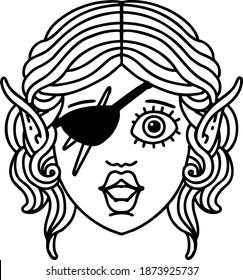 Black and White Tattoo linework Style elf rogue character face