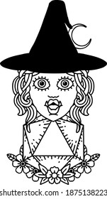 Black and White Tattoo linework Style half orc witch with natural twenty dice roll