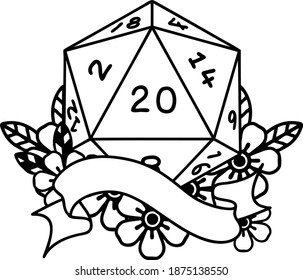 Black and White Tattoo linework Style natural twenty D20 dice roll