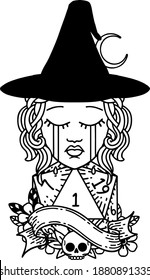Black and White Tattoo linework Style crying human witch with natural D20 roll