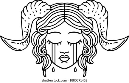 Black and White Tattoo linework Style crying tiefling character face