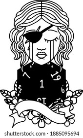Black and White Tattoo linework Style crying human rogue with natural one D20 roll
