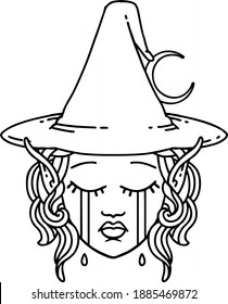 Black and White Tattoo linework Style crying elf mage character face