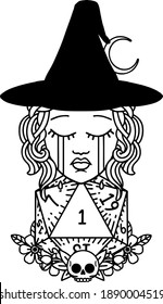 Black and White Tattoo linework Style crying human witch with natural one D20 dice roll