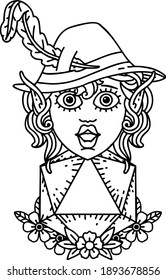 Black and White Tattoo linework Style elf bard character with natural twenty dice roll