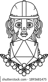 Black and White Tattoo linework Style half orc fighter character with natural twenty dice roll