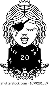 Black and White Tattoo linework Style human rogue with natural twenty dice roll