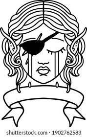 Black and White Tattoo linework Style crying elf rogue character face with banner