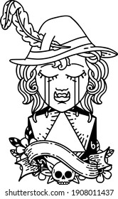 Black and White Tattoo linework Style crying orc bard character with natural one D20 roll